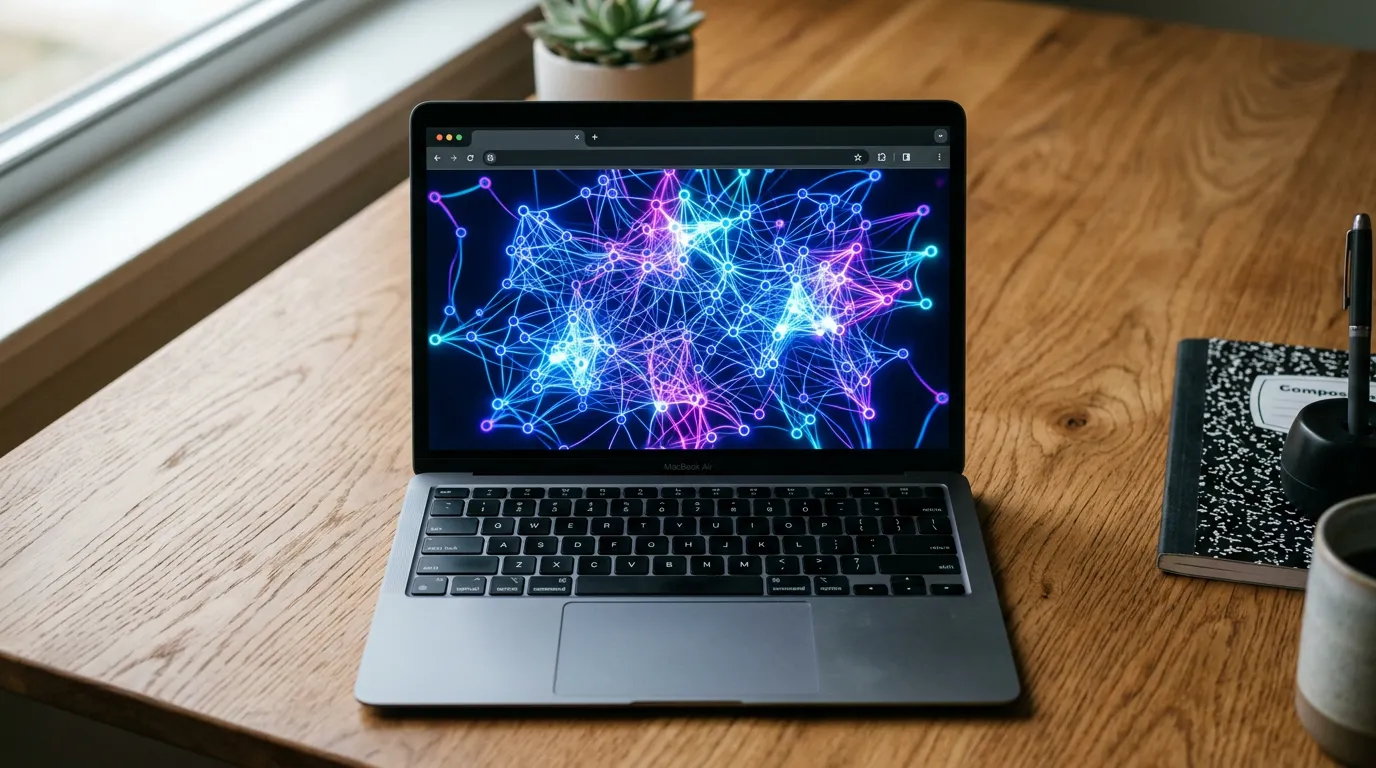 Portátil con una red neuronal abstracta brillando en la pantalla, sobre una mesa de madera con luz natural