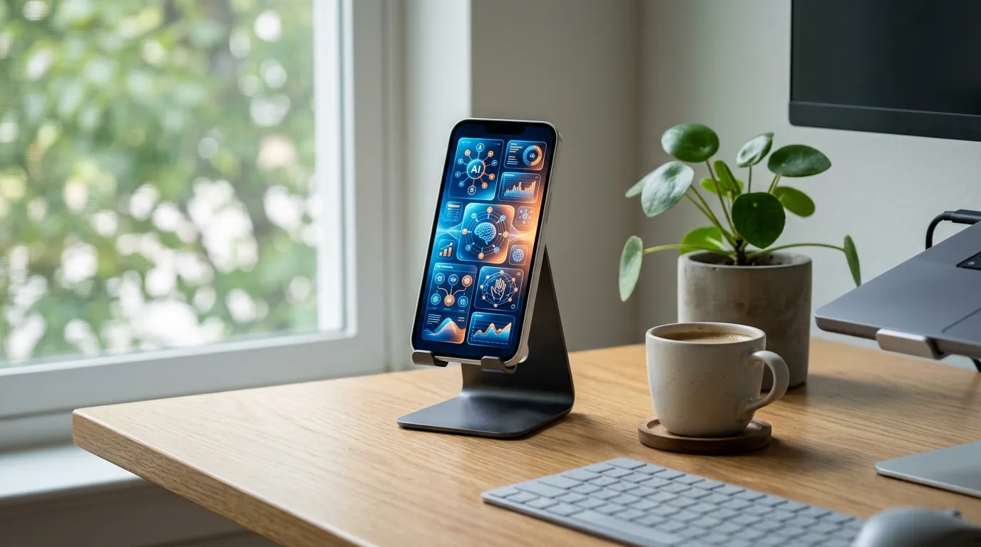 Escritorio minimalista con un smartphone sobre un soporte mostrando una interfaz futurista de IA con iconos abstractos en azul y naranja, fotografía editorial de espacio de trabajo tecnológico.