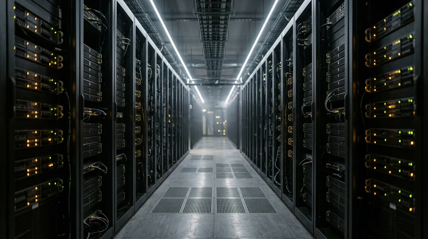 Pasillo simétrico entre dos filas de racks de servidores en un centro de datos, con luces indicadoras ámbar y luz blanca en el techo.