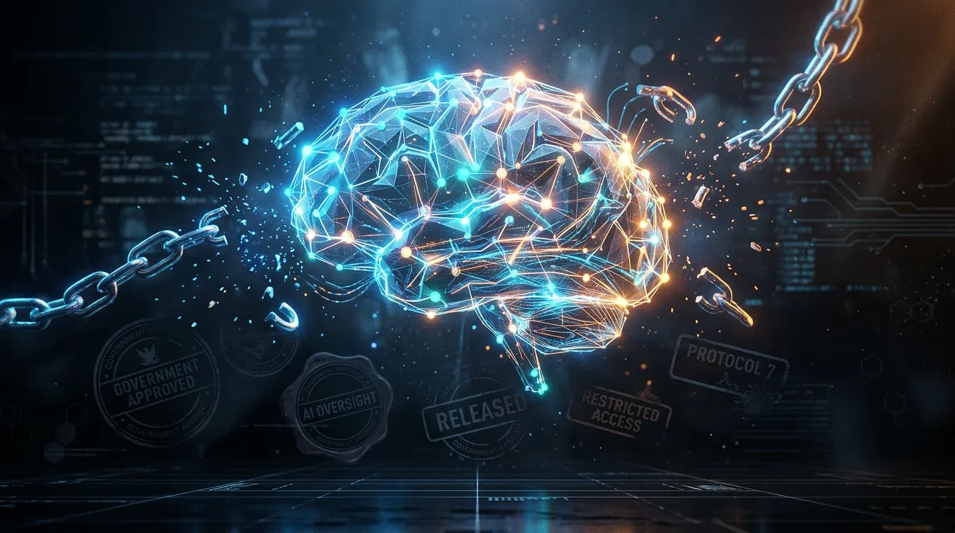 Ilustración de una red neuronal liberándose de cadenas, con luz azul y ámbar, estilo 3D render, formato horizontal para blog