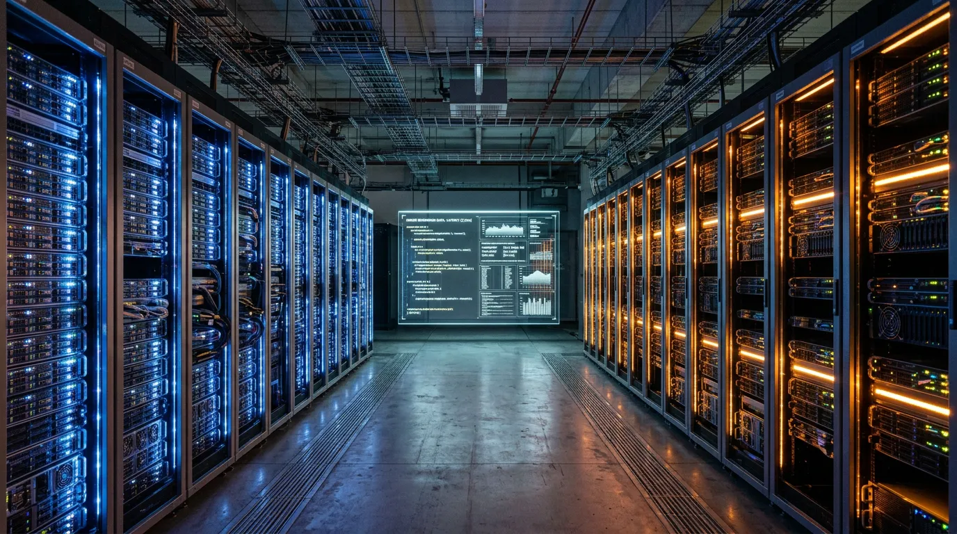 Pasillo de data center dividido con iluminación azul a la izquierda y naranja a la derecha, con pantalla flotante mostrando datos de rendimiento, fotografía tecnológica editorial.