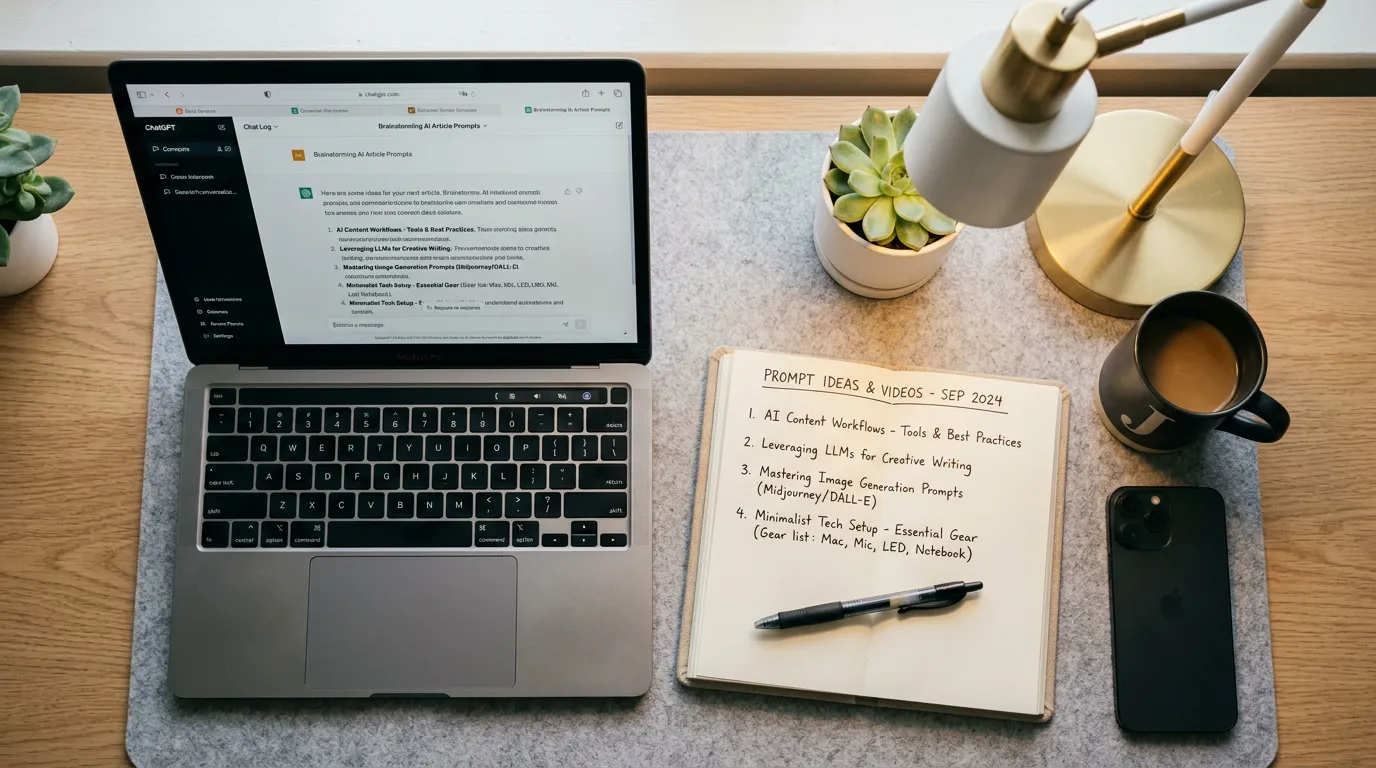 Escritorio minimalista con ordenador portátil mostrando ChatGPT y un cuaderno con apuntes de prompts, fotografía editorial.