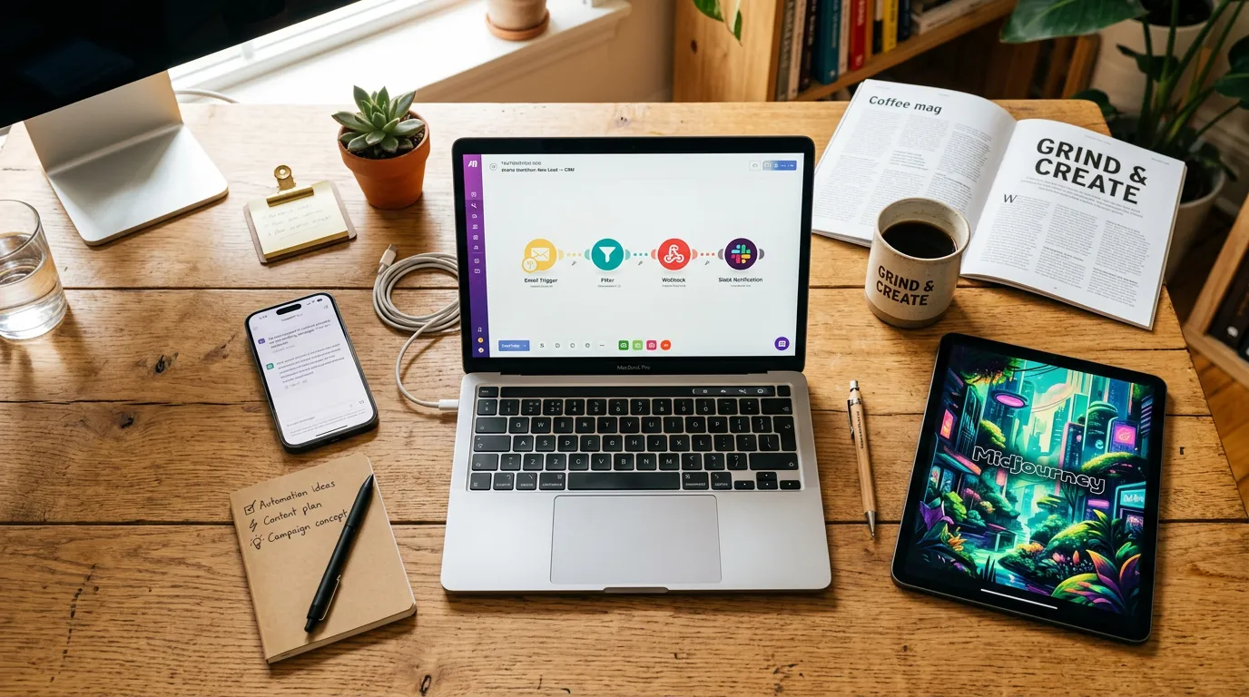 Escritorio con herramientas digitales de IA: smartphone, tablet con arte y portátil, fotografía flat lay.