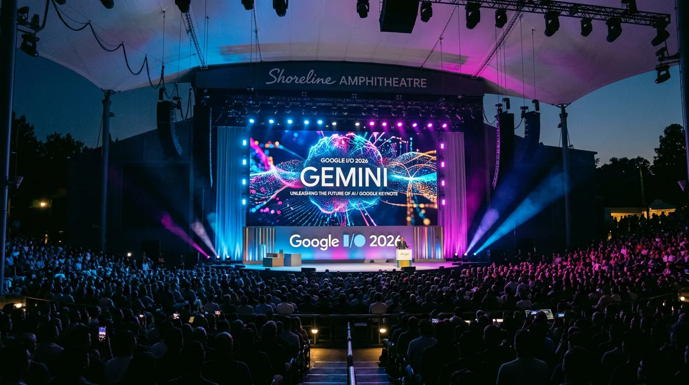 Escenario del Google I/O 2026 con pantalla LED gigante mostrando visualización de IA y branding Gemini, fotografía de evento tecnológico.