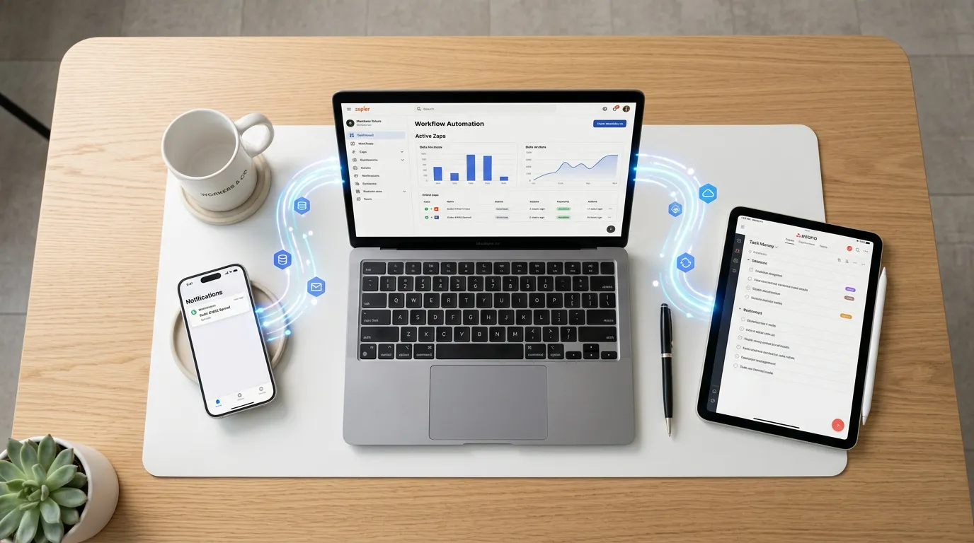 Espacio de trabajo minimalista con móvil, portátil y tablet conectados por líneas digitales brillantes representando flujos de automatización, fotografía editorial.