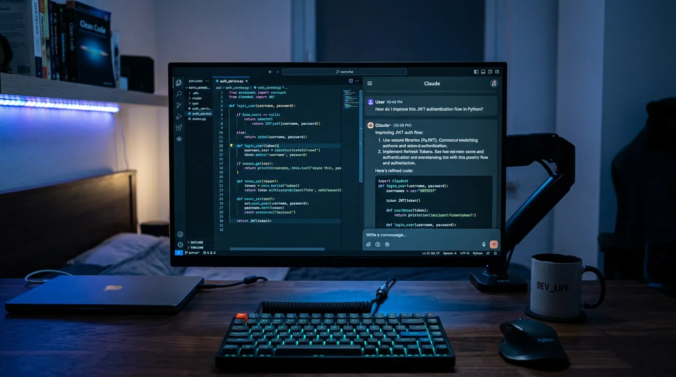 Terminal de desarrollo con código y asistente Claude AI en pantalla partida, modo oscuro, iluminación azul ambiental.