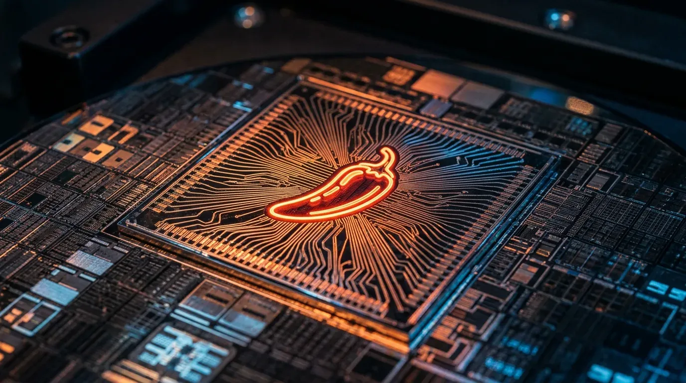Primer plano macro de una oblea de silicio con un jalapeño iluminado en su centro, fotografía tecnológica editorial.