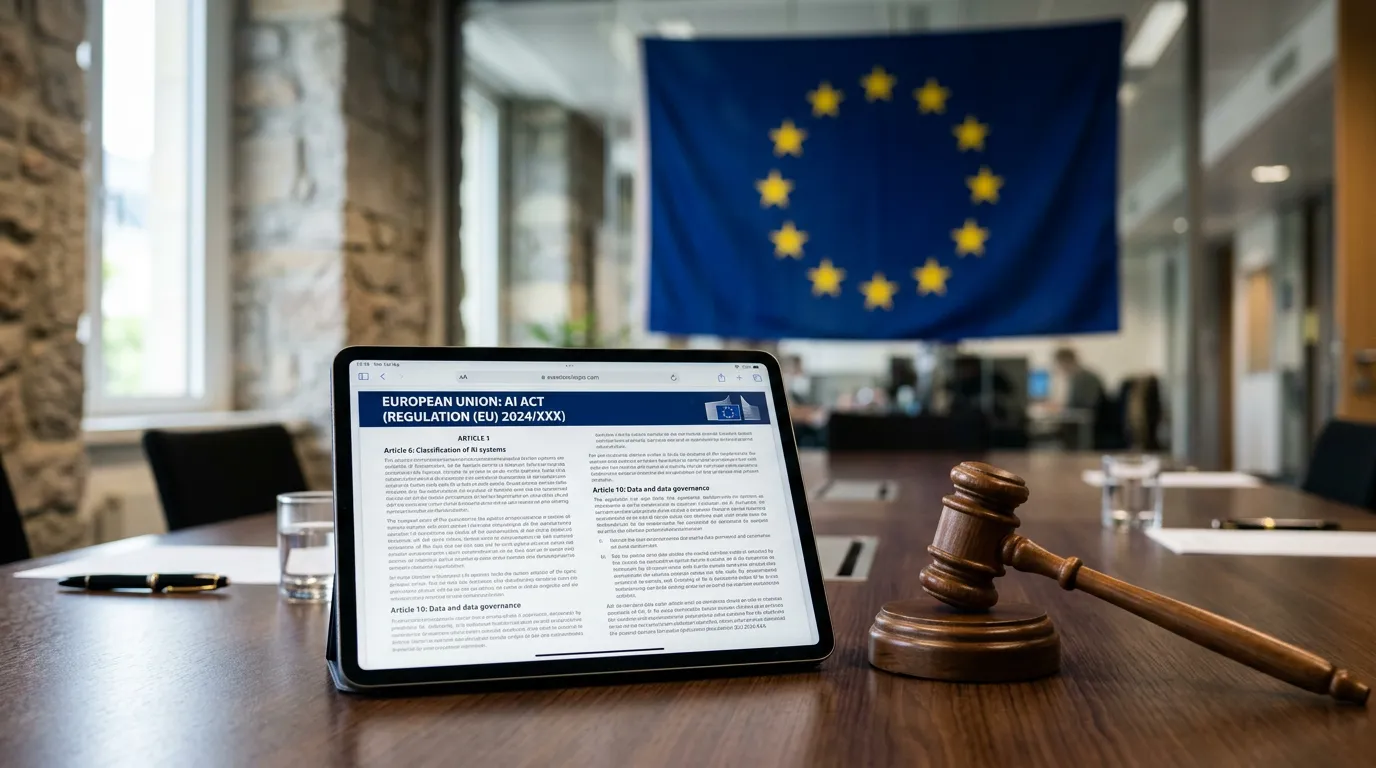Bandera de la UE al fondo con documentos legales de regulación de IA y un mazo de juez, fotografía editorial corporativa.